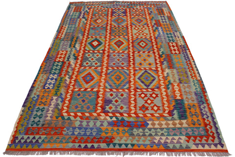 handmade Geometric Kilim Rust Blue Hand-Woven RECTANGLE 100% WOOL area rug 7 x 10