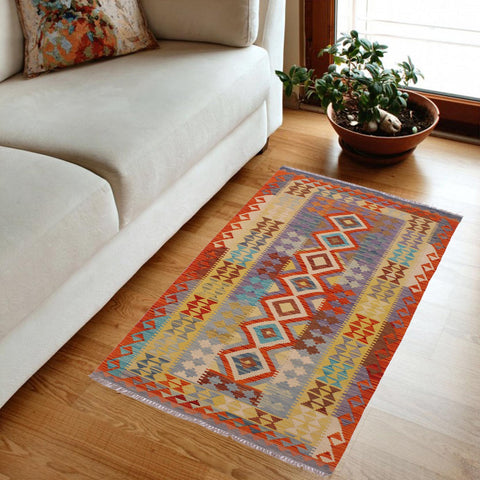 handmade Geometric Kilim Beige Gray Hand-Woven RECTANGLE 100% WOOL area rug 3' x 7'