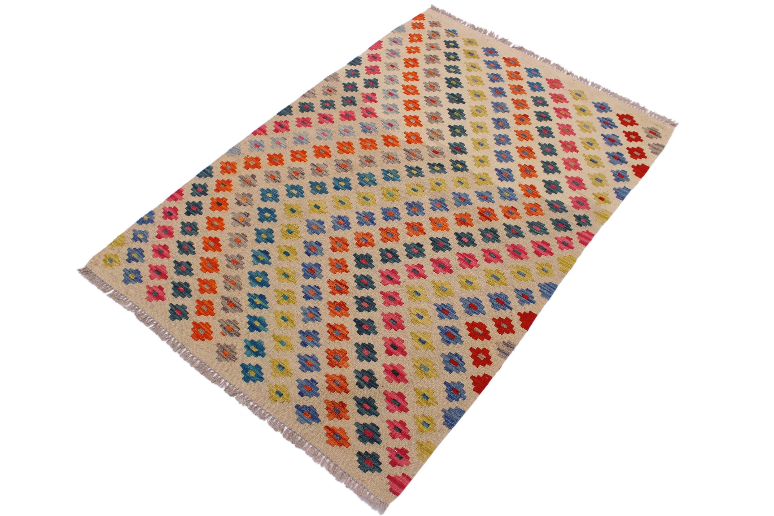 handmade Modern Kilim Ivory Pink Hand-Woven RECTANGLE 100% WOOL area rug 3x5