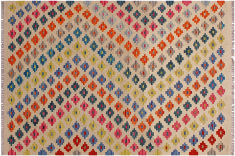 handmade Modern Kilim Ivory Pink Hand-Woven RECTANGLE 100% WOOL area rug 3x5