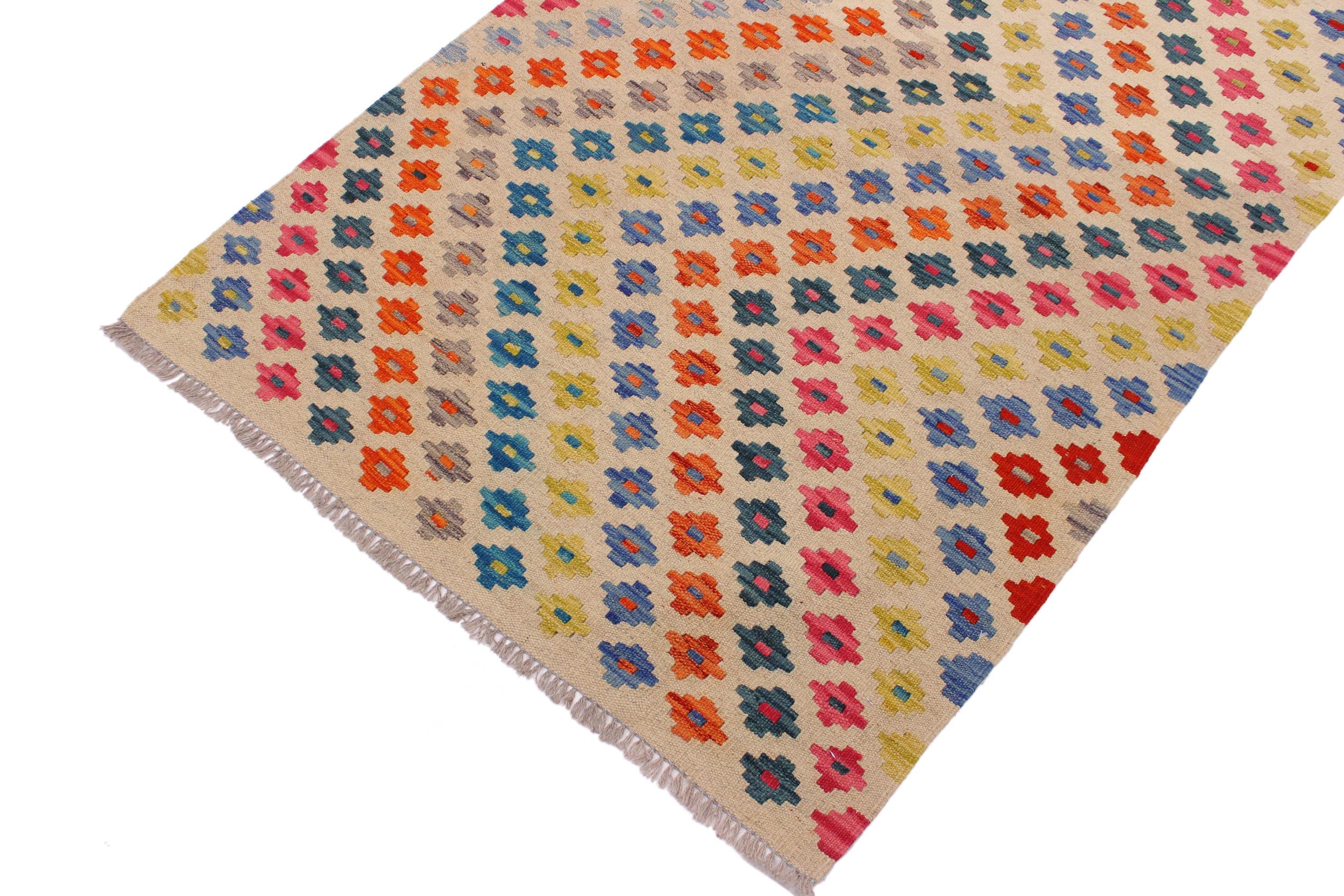 handmade Modern Kilim Ivory Pink Hand-Woven RECTANGLE 100% WOOL area rug 3x5