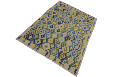 handmade Geometric Kilim Green Blue Hand-Woven RECTANGLE 100% WOOL area rug 7 x 10