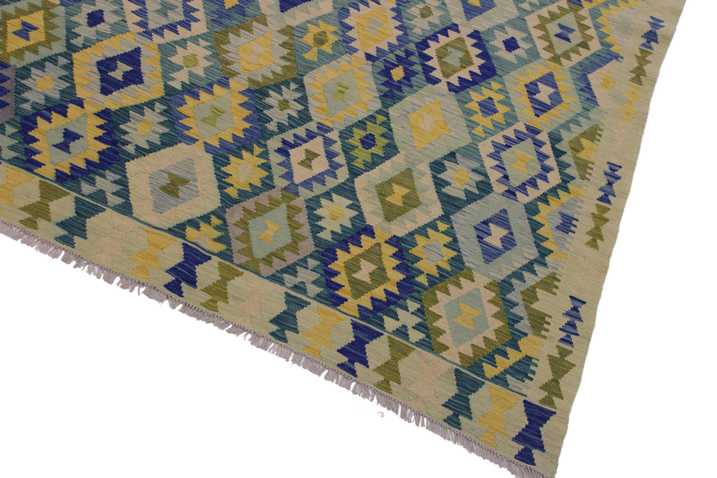 handmade Geometric Kilim Green Blue Hand-Woven RECTANGLE 100% WOOL area rug 7 x 10