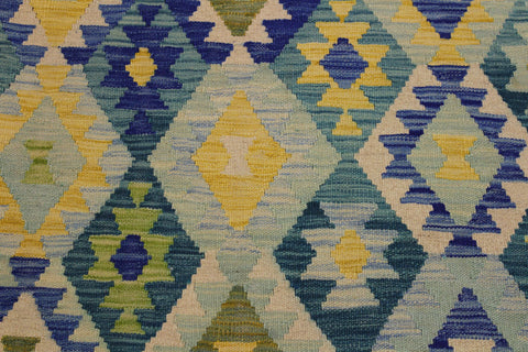 handmade Geometric Kilim Green Blue Hand-Woven RECTANGLE 100% WOOL area rug 7 x 10