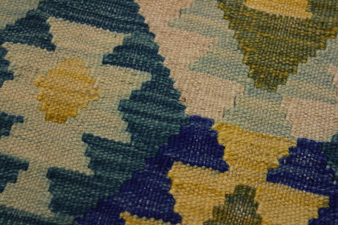 handmade Geometric Kilim Green Blue Hand-Woven RECTANGLE 100% WOOL area rug 7 x 10
