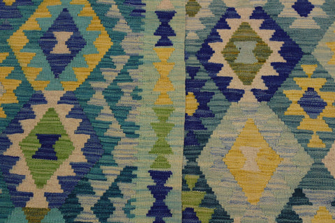 handmade Geometric Kilim Green Blue Hand-Woven RECTANGLE 100% WOOL area rug 7 x 10