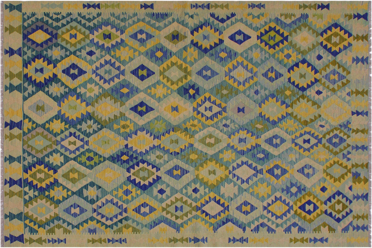 handmade Geometric Kilim Green Blue Hand-Woven RECTANGLE 100% WOOL area rug 7 x 10