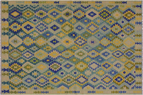 handmade Geometric Kilim Green Blue Hand-Woven RECTANGLE 100% WOOL area rug 7 x 10