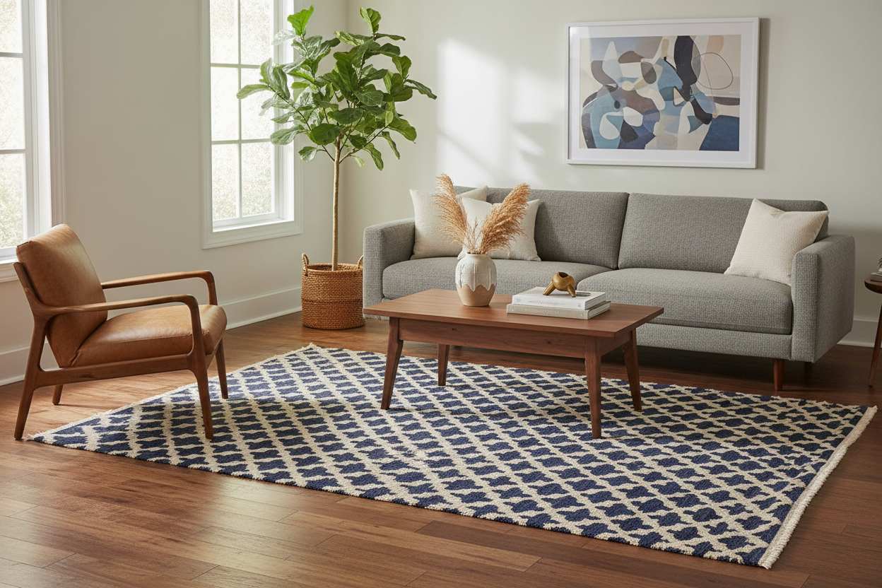 handmade Geometric Moroccan Hi Blue Ivory Hand Knotted RECTANGLE 100% WOOL area rug 5' x 7'