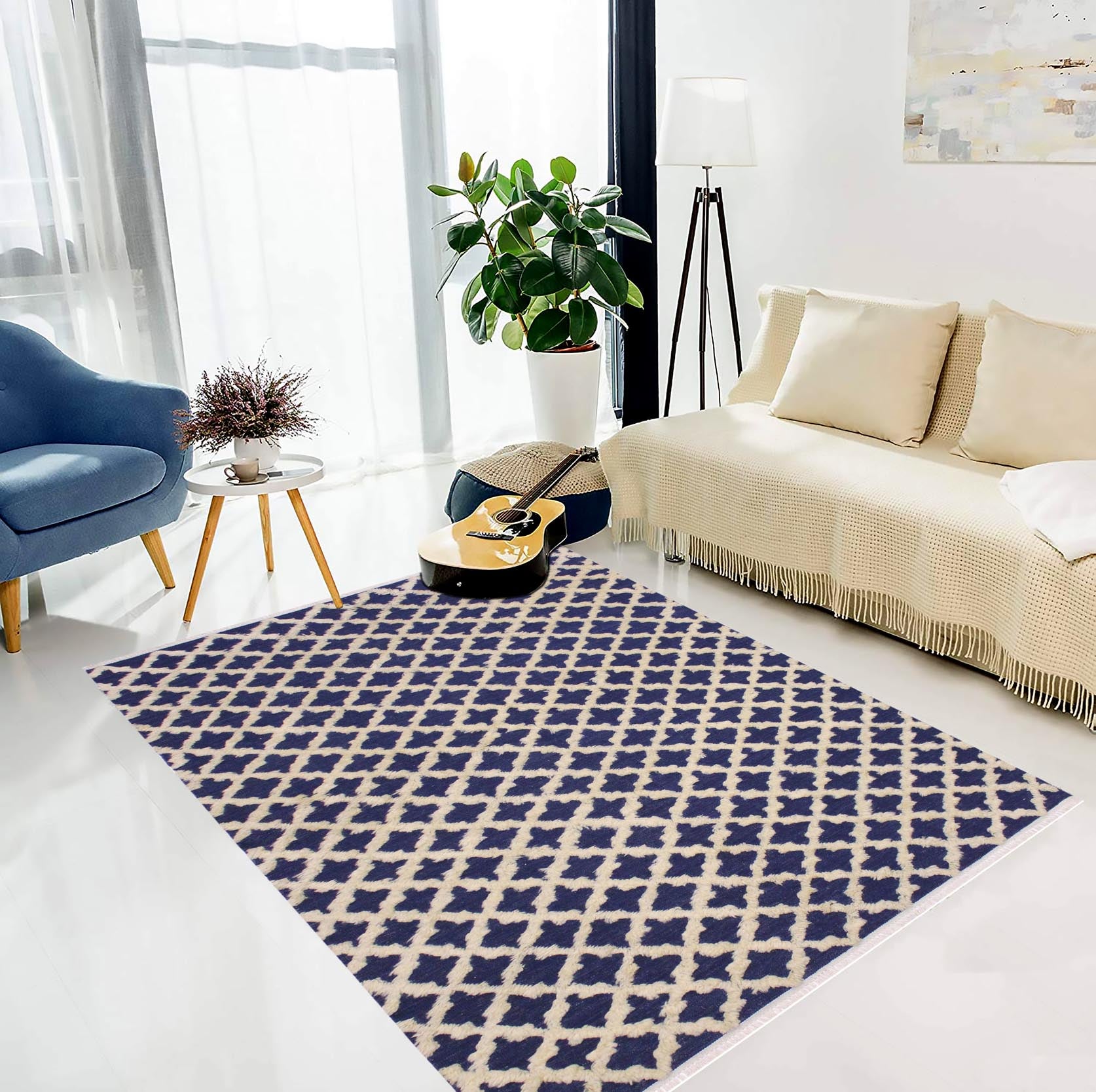 handmade Geometric Moroccan Hi Blue Ivory Hand Knotted RECTANGLE 100% WOOL area rug 5' x 7'