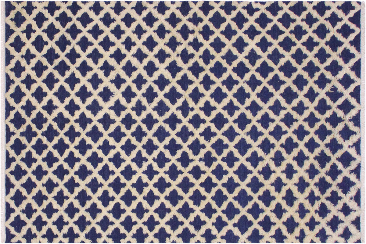 handmade Geometric Moroccan Hi Blue Ivory Hand Knotted RECTANGLE 100% WOOL area rug 5' x 7'