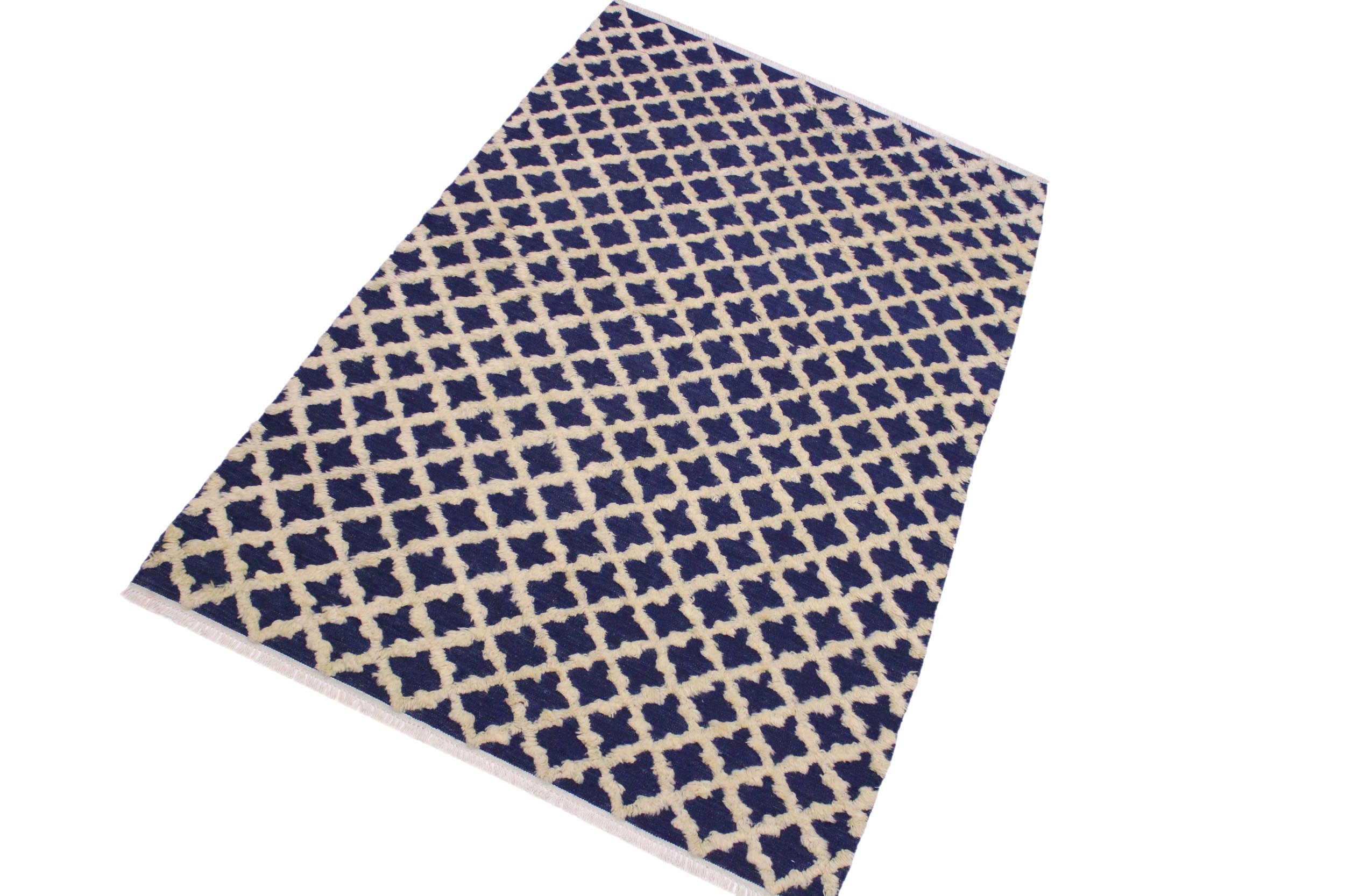 handmade Geometric Moroccan Hi Blue Ivory Hand Knotted RECTANGLE 100% WOOL area rug 5' x 7'