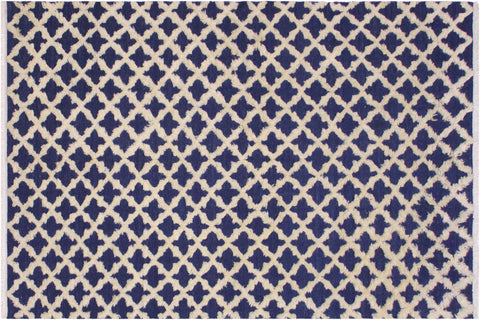 handmade Geometric Moroccan Hi Blue Ivory Hand Knotted RECTANGLE 100% WOOL area rug 5' x 7'