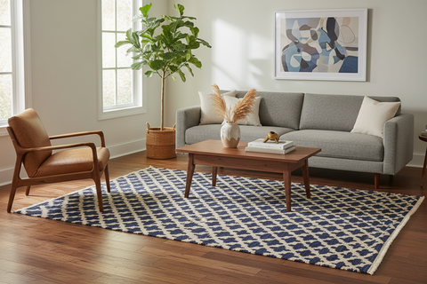 handmade Geometric Moroccan Hi Blue Ivory Hand Knotted RECTANGLE 100% WOOL area rug 5' x 7'