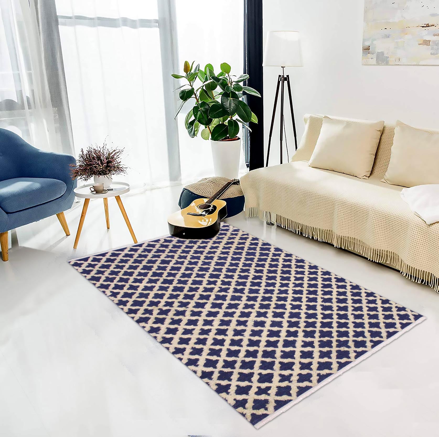 handmade Geometric Moroccan Hi Blue Ivory Hand Knotted RECTANGLE 100% WOOL area rug 4' x 6'