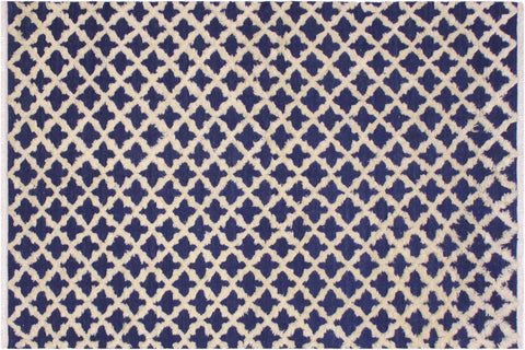 handmade Geometric Moroccan Hi Blue Ivory Hand Knotted RECTANGLE 100% WOOL area rug 4' x 6'