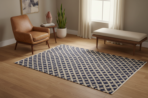 handmade Geometric Moroccan Hi Blue Ivory Hand Knotted RECTANGLE 100% WOOL area rug 4' x 6'