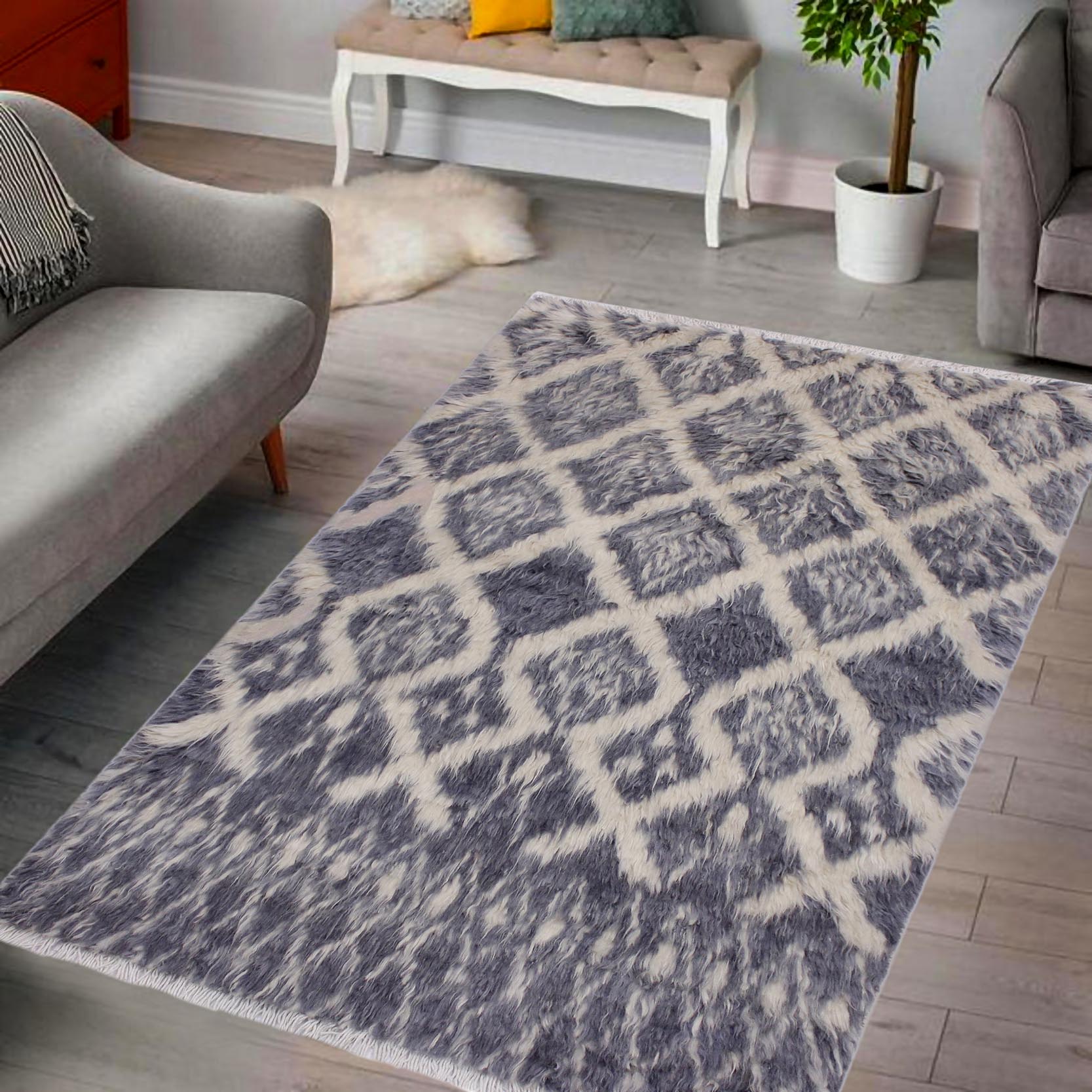 handmade Geometric Moroccan Gray Ivory Hand Knotted RECTANGLE 100% WOOL area rug 3' x 5'
