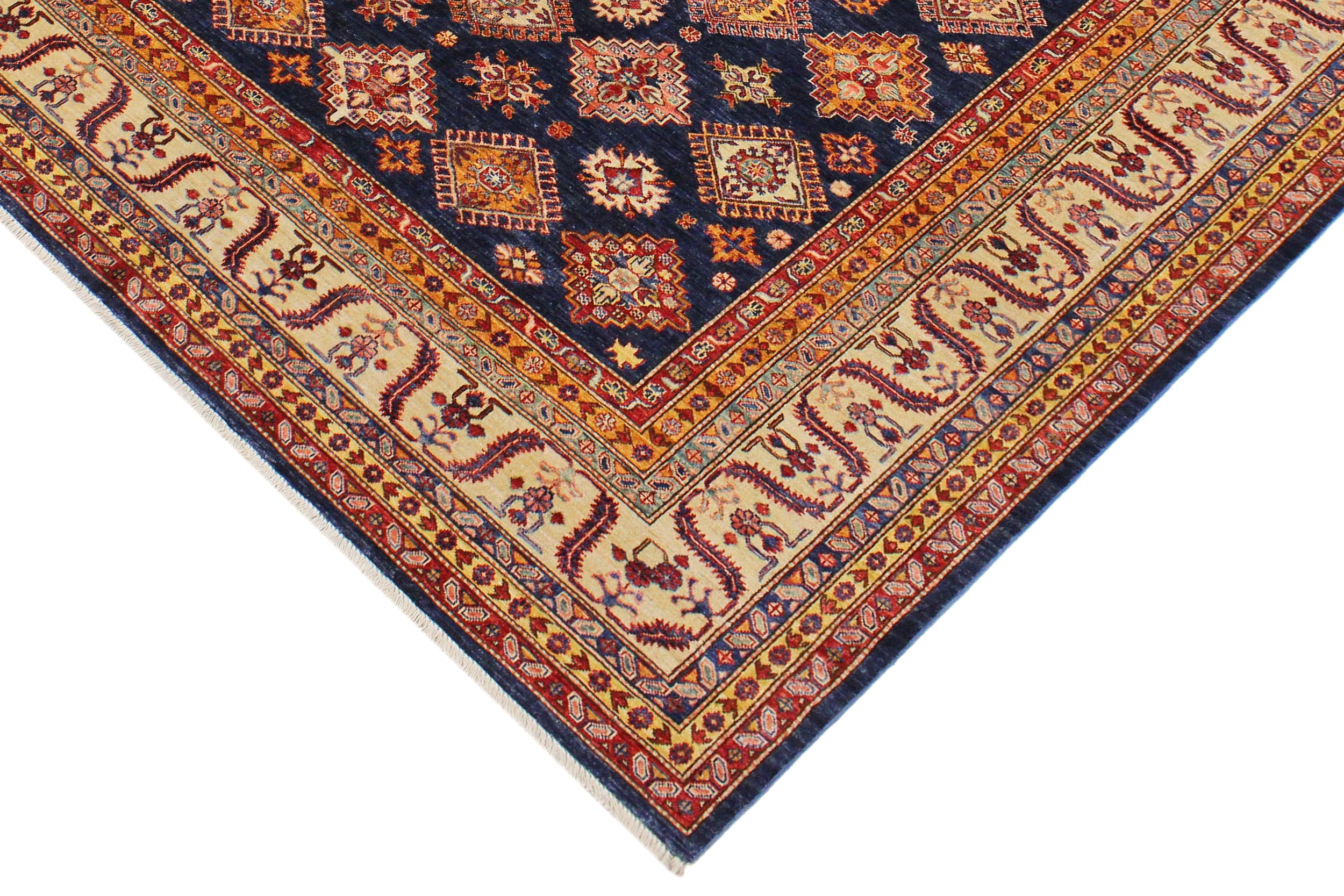 handmade Geometric Super Kazak Blue Beige Hand Knotted RECTANGLE 100% WOOL area rug 9' x 12'