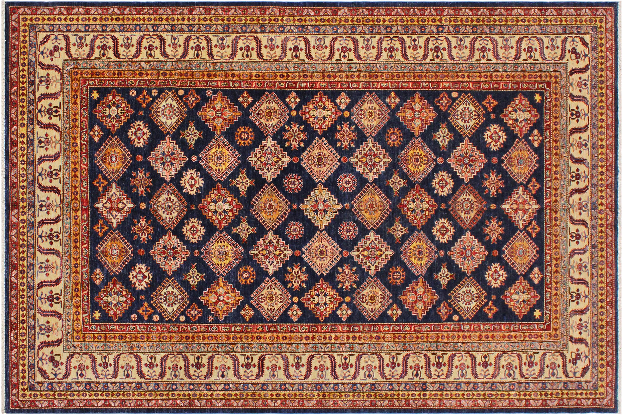 handmade Geometric Super Kazak Blue Beige Hand Knotted RECTANGLE 100% WOOL area rug 9' x 12'