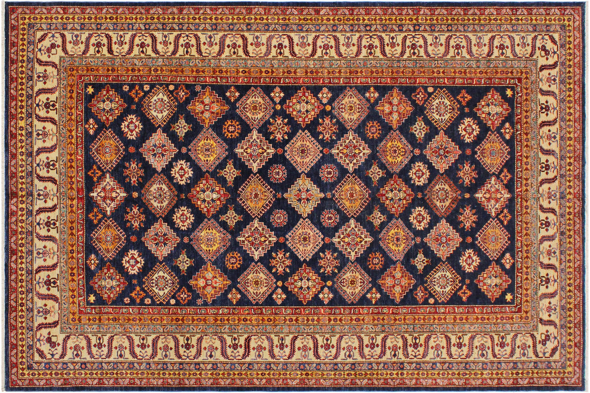 handmade Geometric Super Kazak Blue Beige Hand Knotted RECTANGLE 100% WOOL area rug 9' x 12'