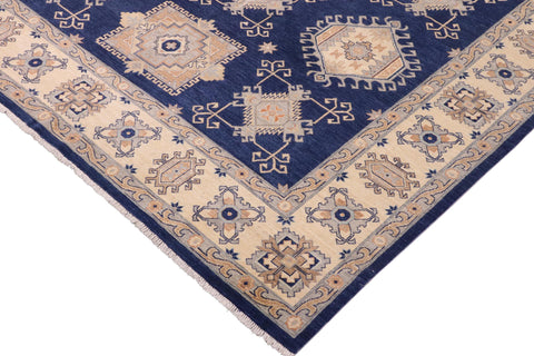 handmade Geometric Kafkaz Blue Beige Hand Knotted RECTANGLE 100% WOOL area rug 10' x 13'