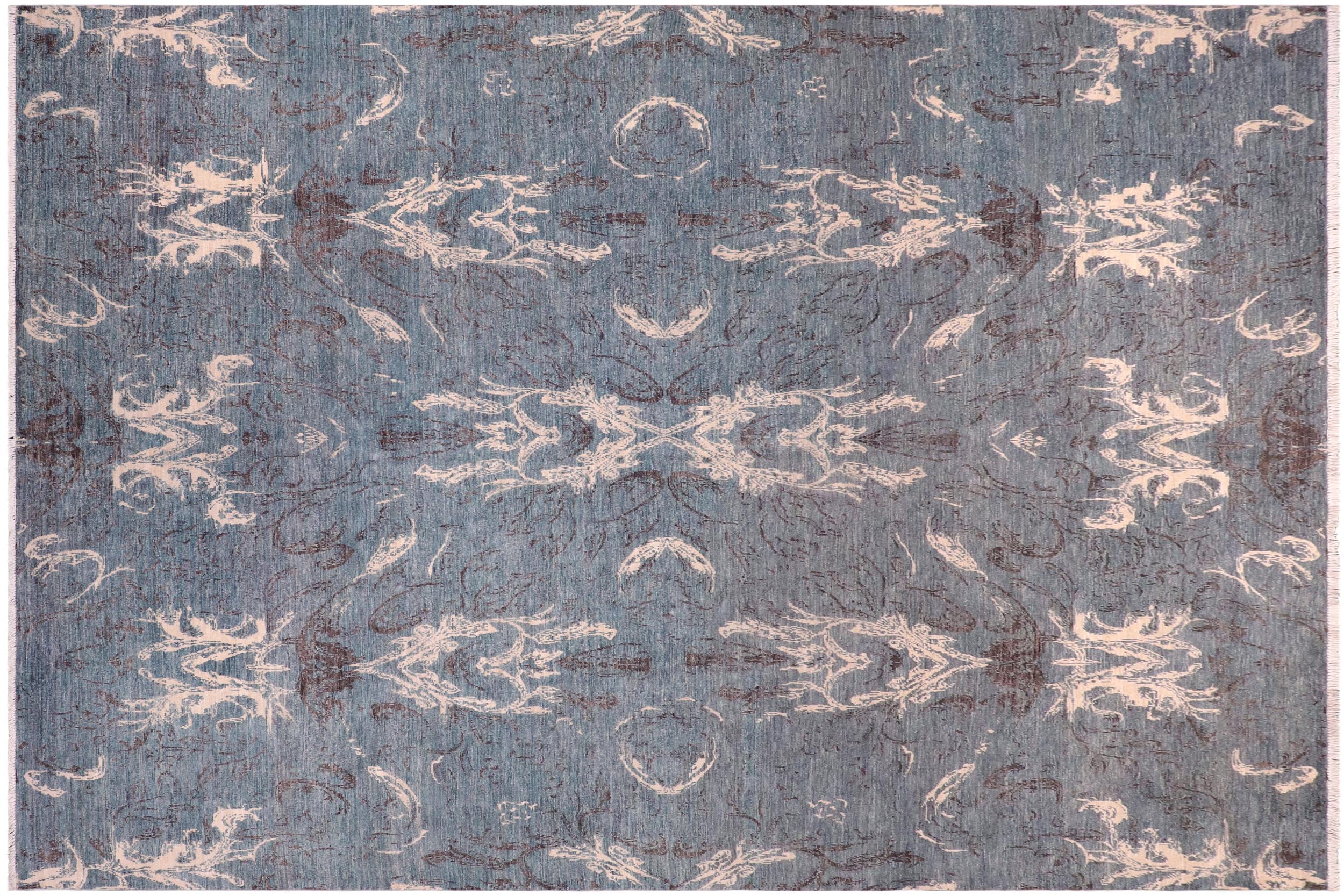 handmade Modern Kafkaz Lt. Blue Ivory Hand Knotted RECTANGLE 100% WOOL area rug 9' x 12'