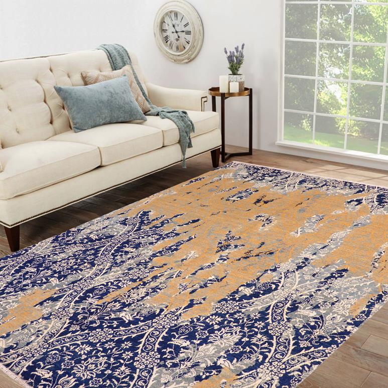 handmade Modern Kafkaz Blue Beige Hand Knotted RECTANGLE WOOL&SILK area rug 8X10