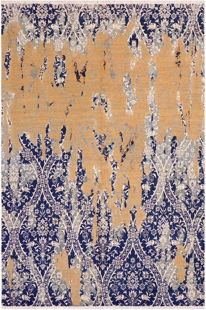 handmade Modern Kafkaz Blue Beige Hand Knotted RECTANGLE WOOL&SILK area rug 8X10