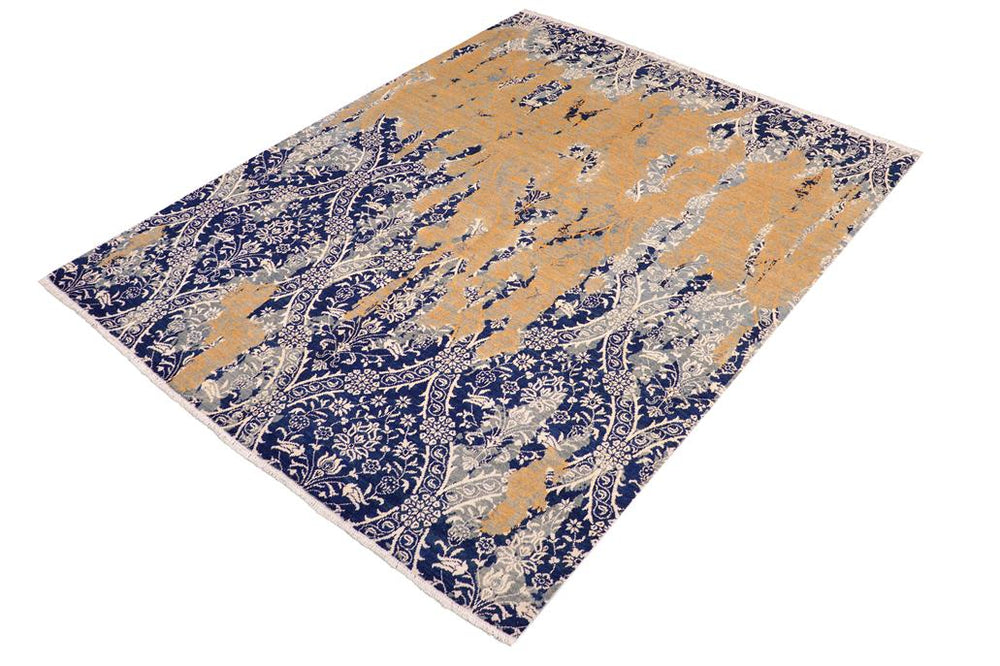 handmade Modern Kafkaz Blue Beige Hand Knotted RECTANGLE WOOL&SILK area rug 8X10