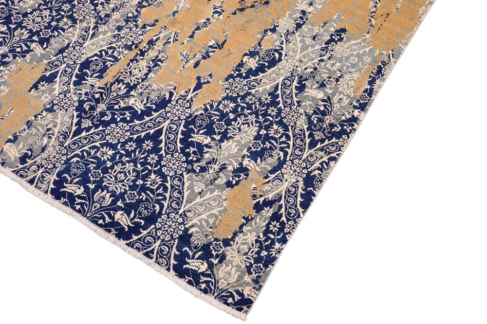 handmade Modern Kafkaz Blue Beige Hand Knotted RECTANGLE WOOL&SILK area rug 8X10