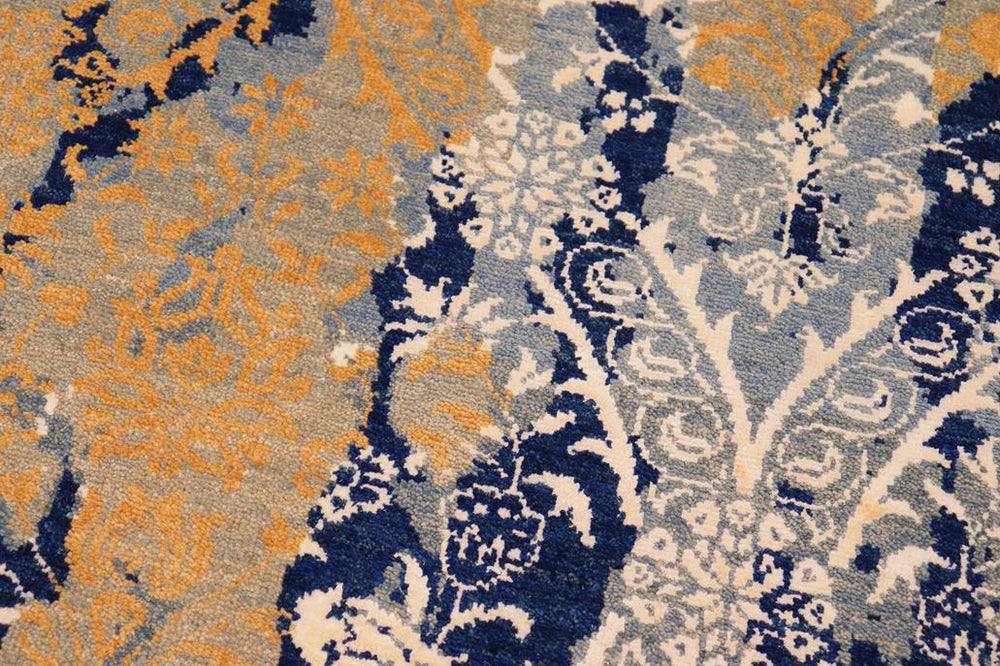 handmade Modern Kafkaz Blue Beige Hand Knotted RECTANGLE WOOL&SILK area rug 8X10