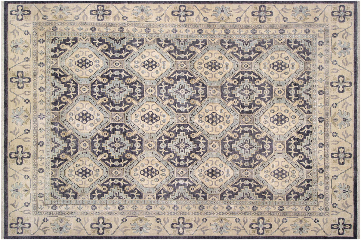 handmade Transitional Kafkaz Drk. Gray Ivory Hand Knotted RECTANGLE 100% WOOL area rug 12' x 14'