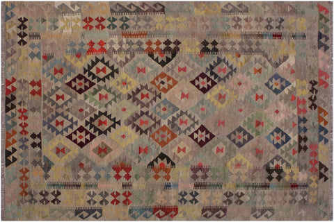 handmade Geometric Kilim Gray Pink Hand-Woven RECTANGLE 100% WOOL area rug 6 x 8