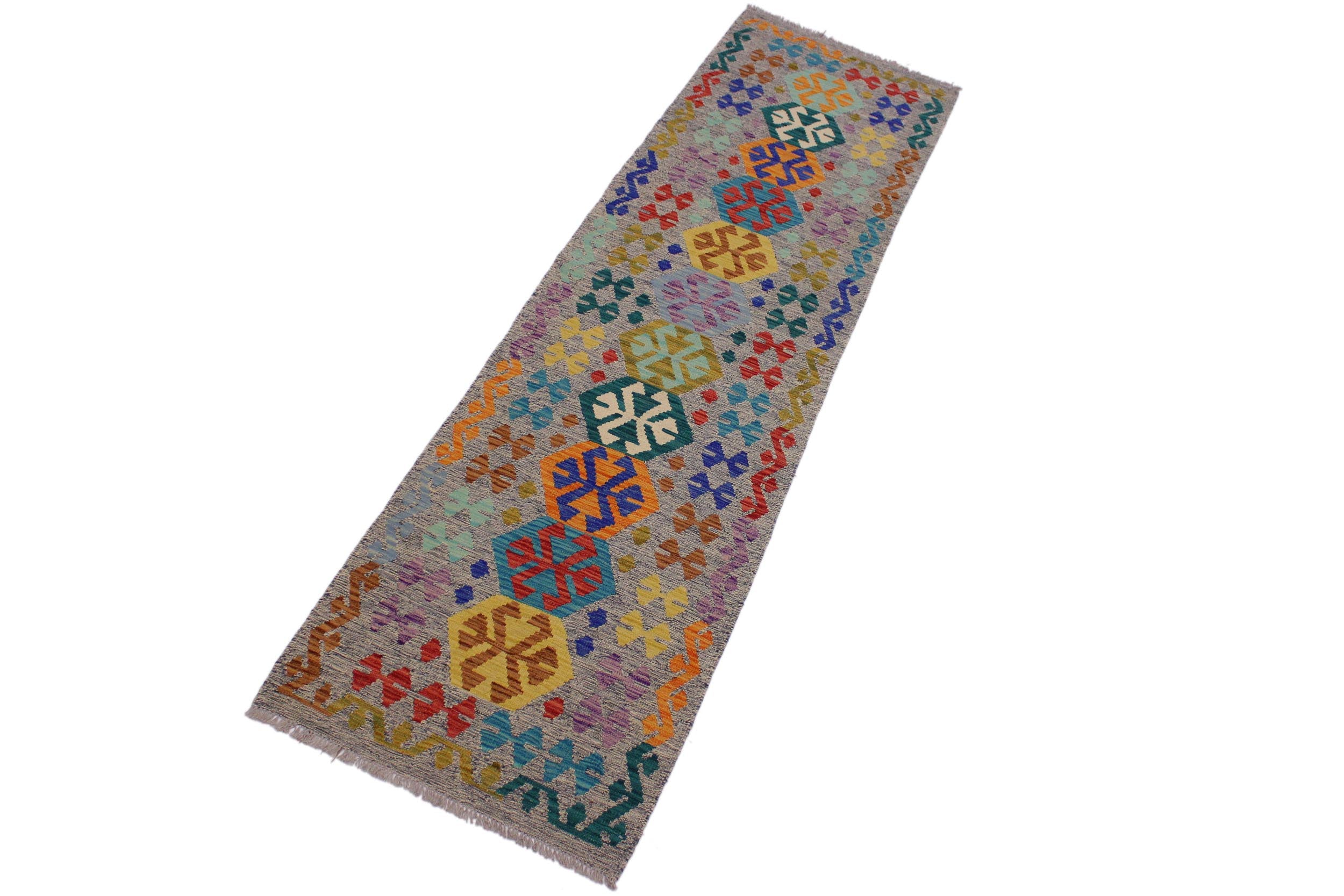 handmade Geometric Kilim Beige Blue Hand-Woven RUNNER 100% WOOL area rug 3' x 10'