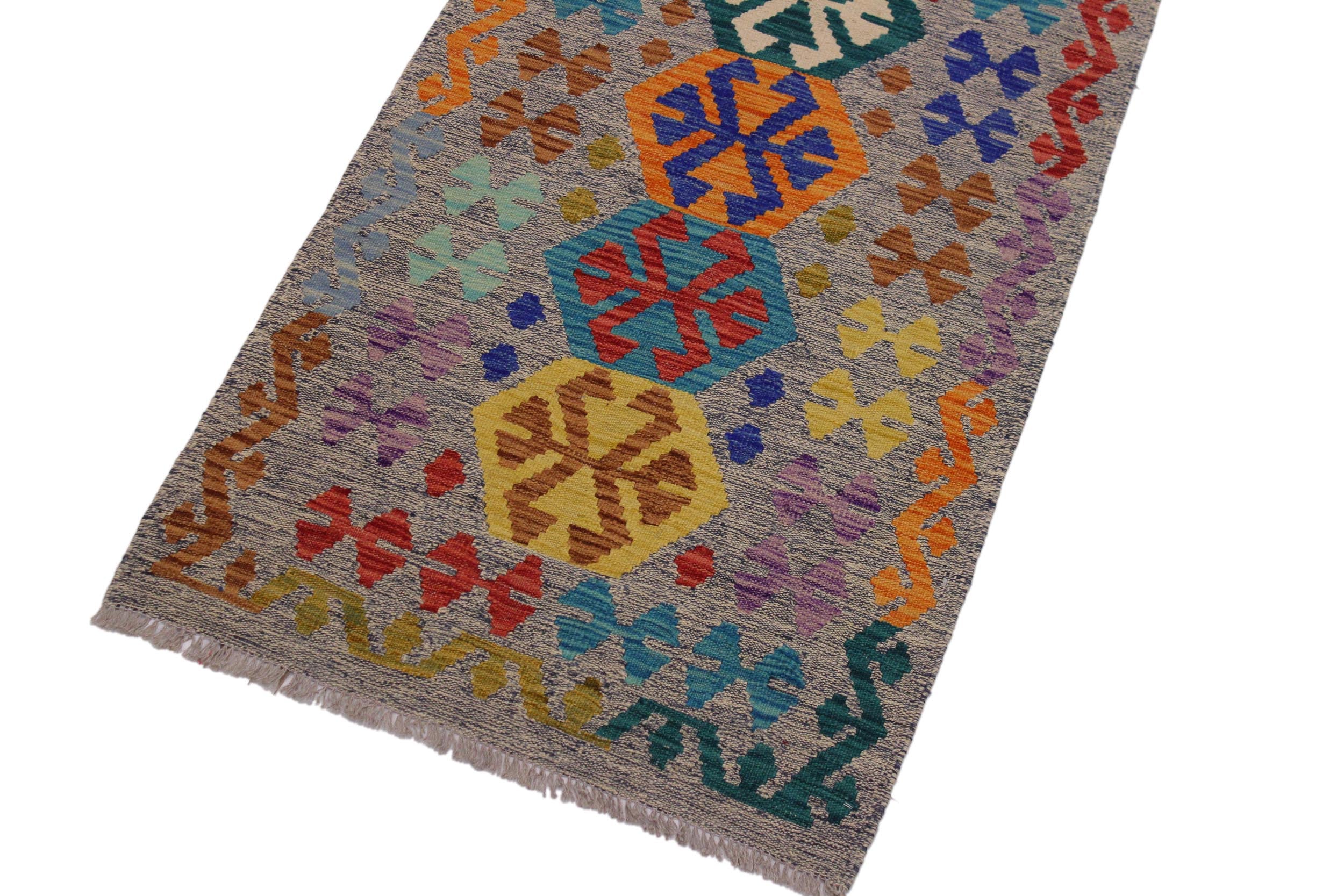 handmade Geometric Kilim Beige Blue Hand-Woven RUNNER 100% WOOL area rug 3' x 10'