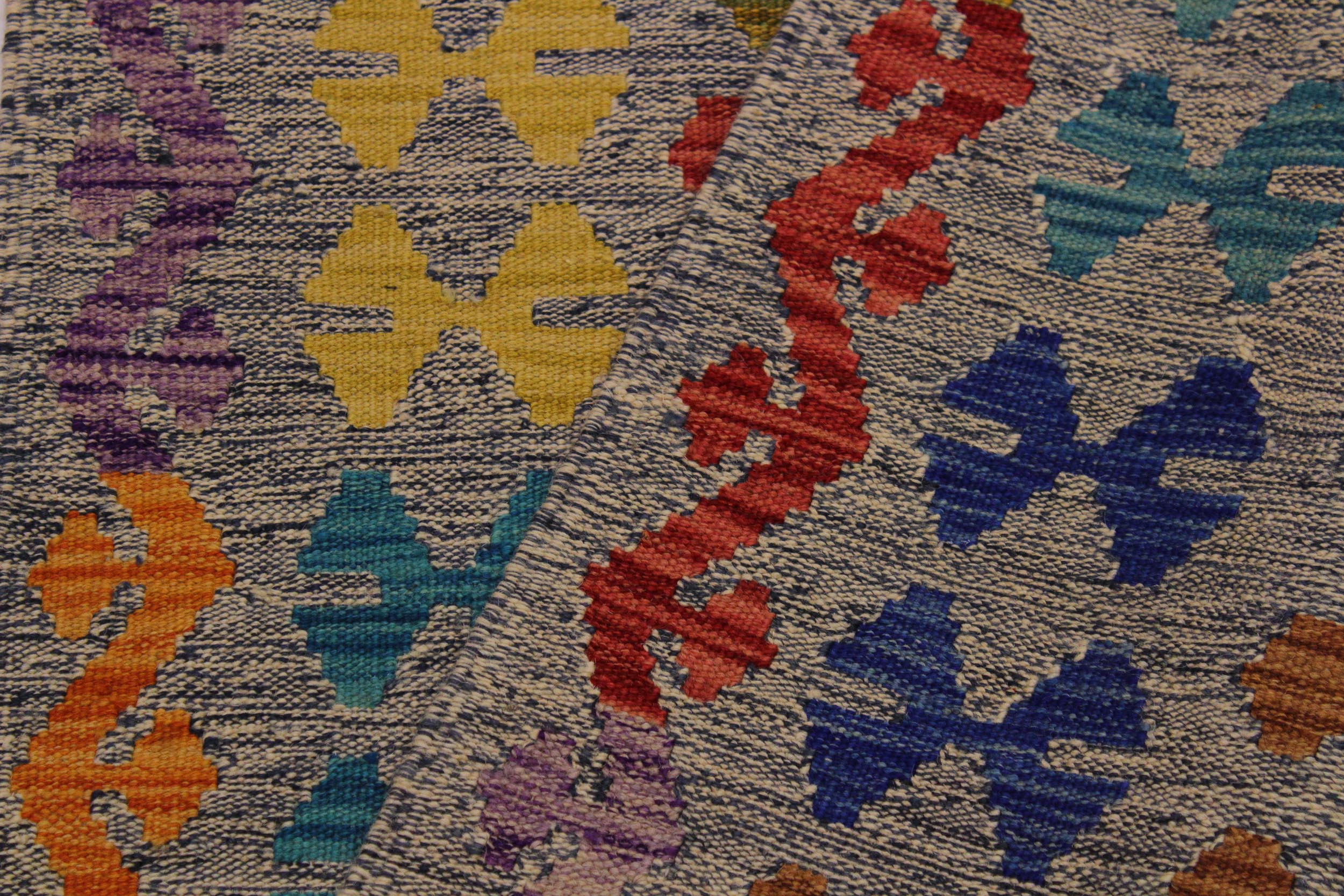 handmade Geometric Kilim Beige Blue Hand-Woven RUNNER 100% WOOL area rug 3' x 10'