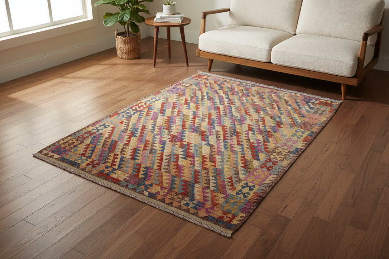 handmade Modern Kilim Brown Blue Hand-Woven RECTANGLE 100% WOOL area rug 7x10