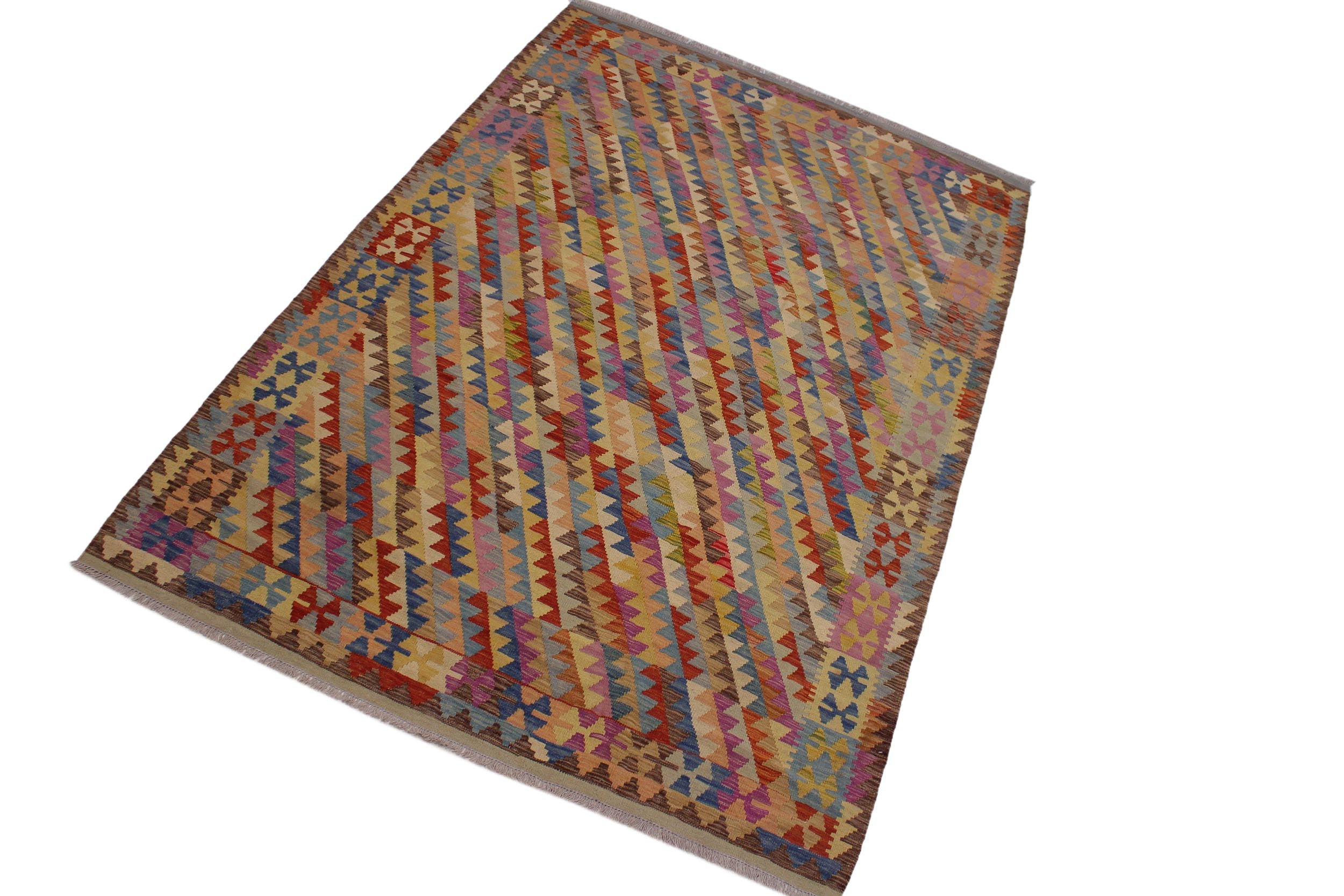 handmade Modern Kilim Brown Blue Hand-Woven RECTANGLE 100% WOOL area rug 7x10