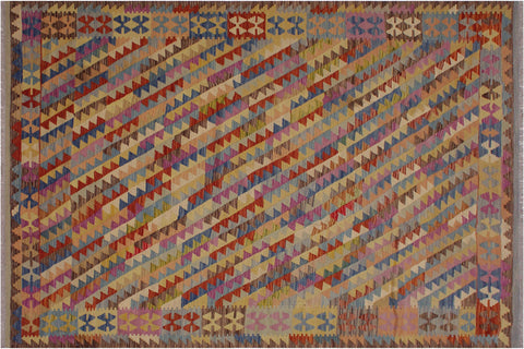 handmade Modern Kilim Brown Blue Hand-Woven RECTANGLE 100% WOOL area rug 7x10