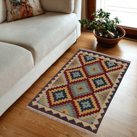 handmade Geometric Kilim Brown Tan Hand-Woven RECTANGLE 100% WOOL area rug 3 x 5