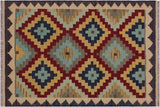 Flat Weave Kilim, Antique, Navaho, Vintage, Handmade, Geometric Kilim Brown Tan Hand-Woven Rectangle 100% Wool Area Rug 3 x 5