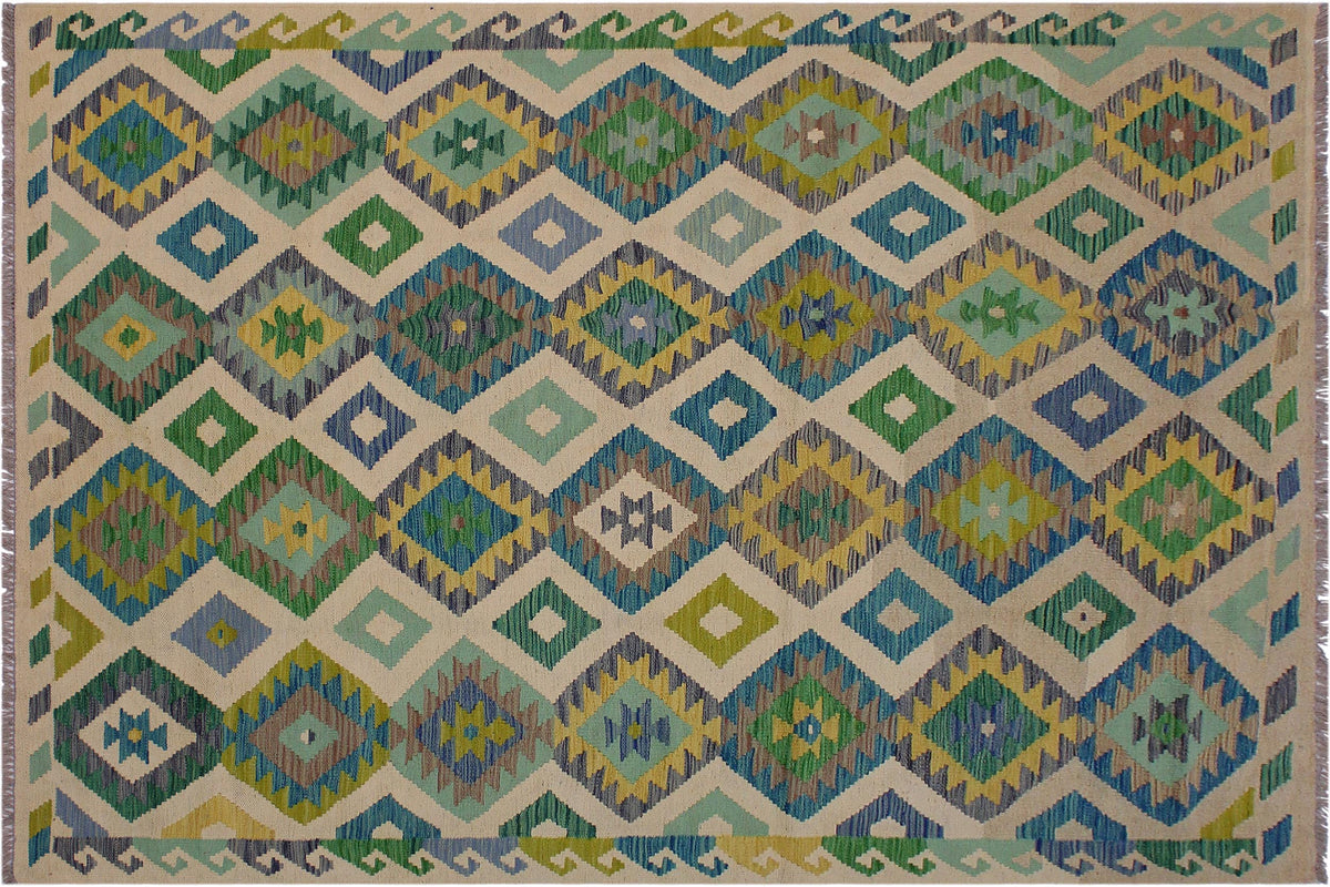 handmade Geometric Kilim Ivory Green Hand-Woven RECTANGLE 100% WOOL area rug 5 x 8