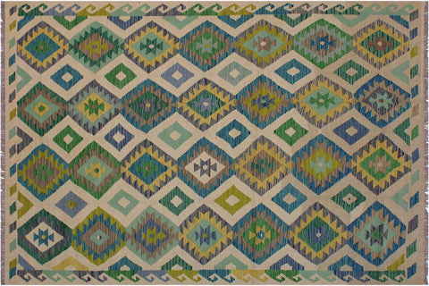 handmade Geometric Kilim Ivory Green Hand-Woven RECTANGLE 100% WOOL area rug 5 x 8