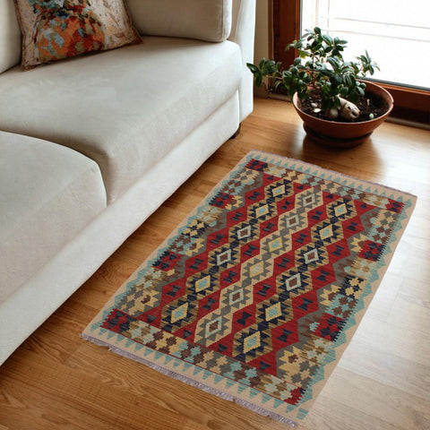 handmade Geometric Kilim Beige Red Hand-Woven RECTANGLE 100% WOOL area rug 3 x 5