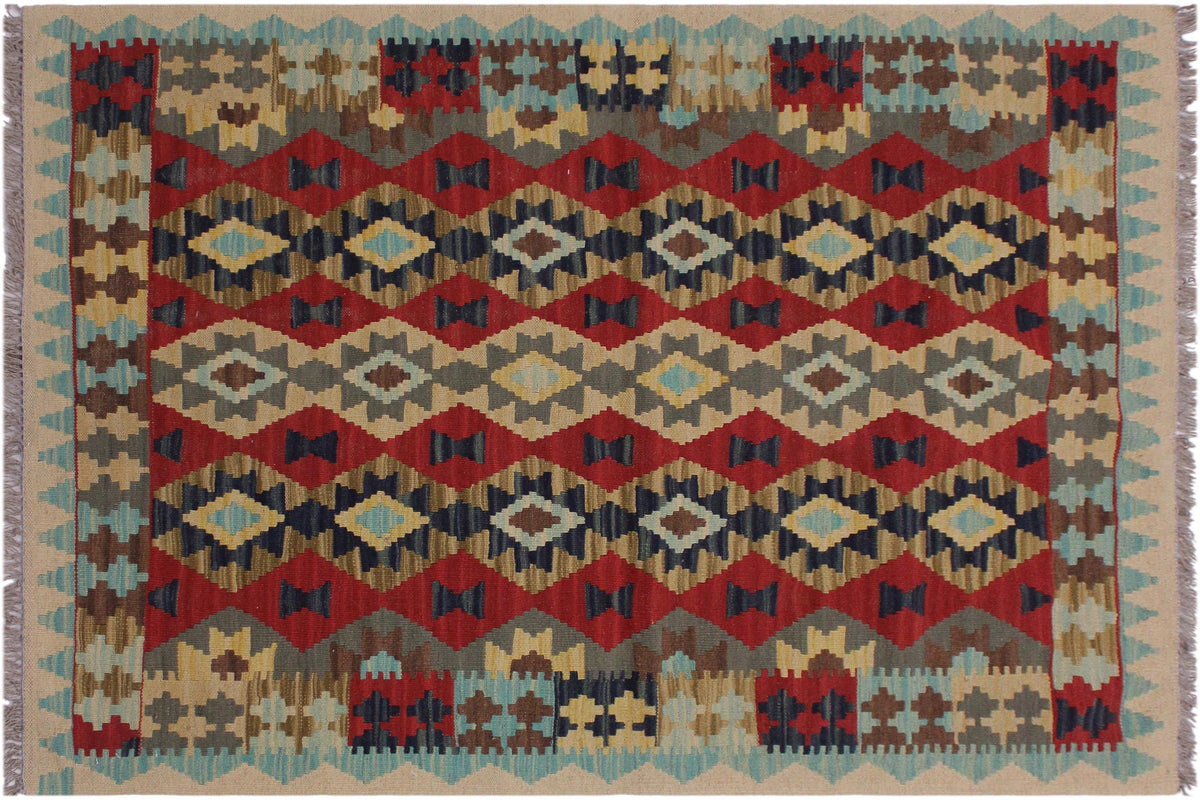 handmade Geometric Kilim Beige Red Hand-Woven RECTANGLE 100% WOOL area rug 3 x 5