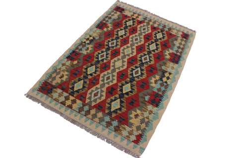 handmade Geometric Kilim Beige Red Hand-Woven RECTANGLE 100% WOOL area rug 3 x 5