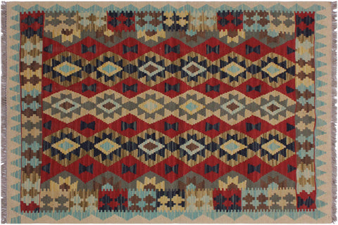 handmade Geometric Kilim Beige Red Hand-Woven RECTANGLE 100% WOOL area rug 3 x 5