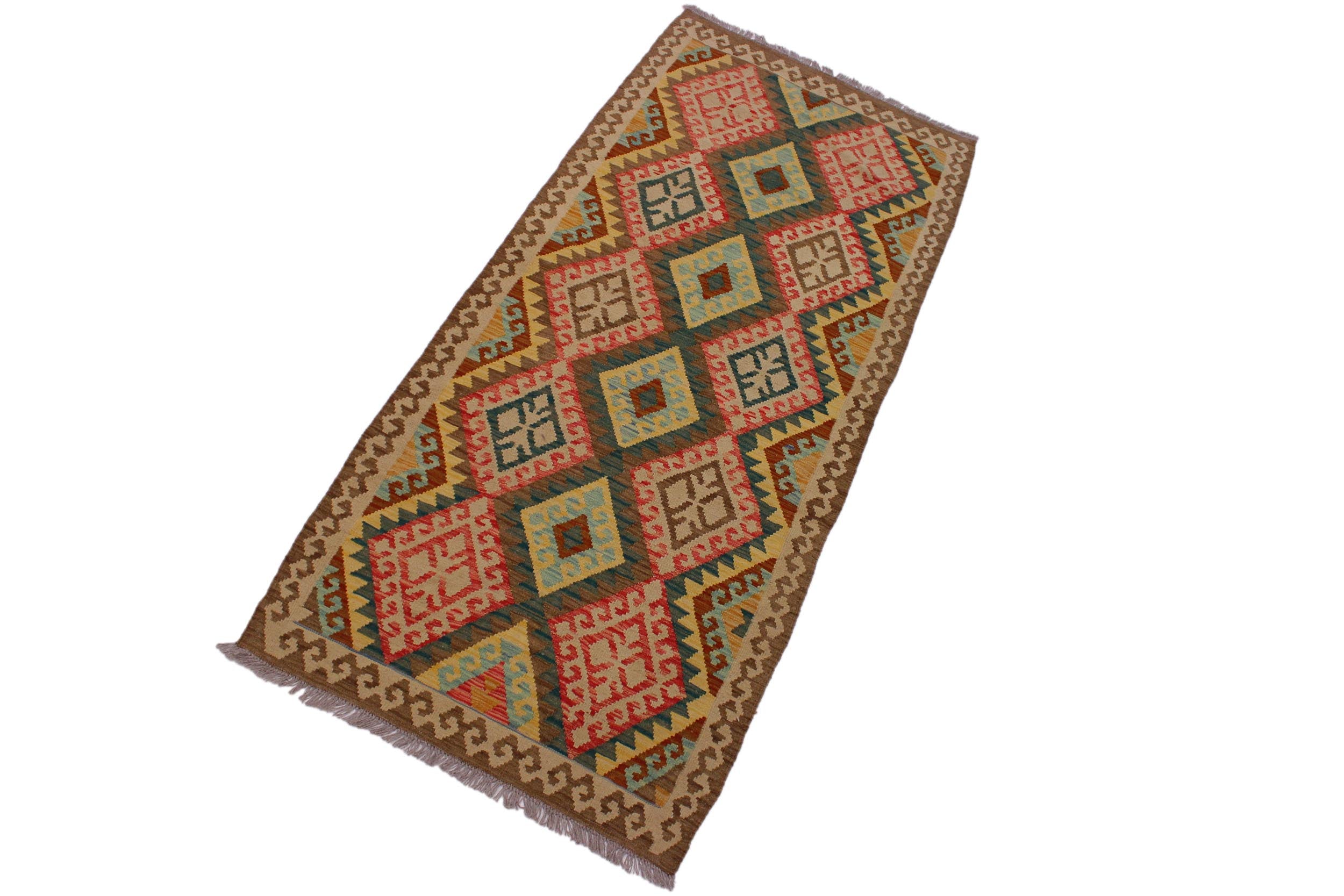 handmade Geometric Kilim Brown Red Hand-Woven RUNNER 100% WOOL area rug 4 x 8