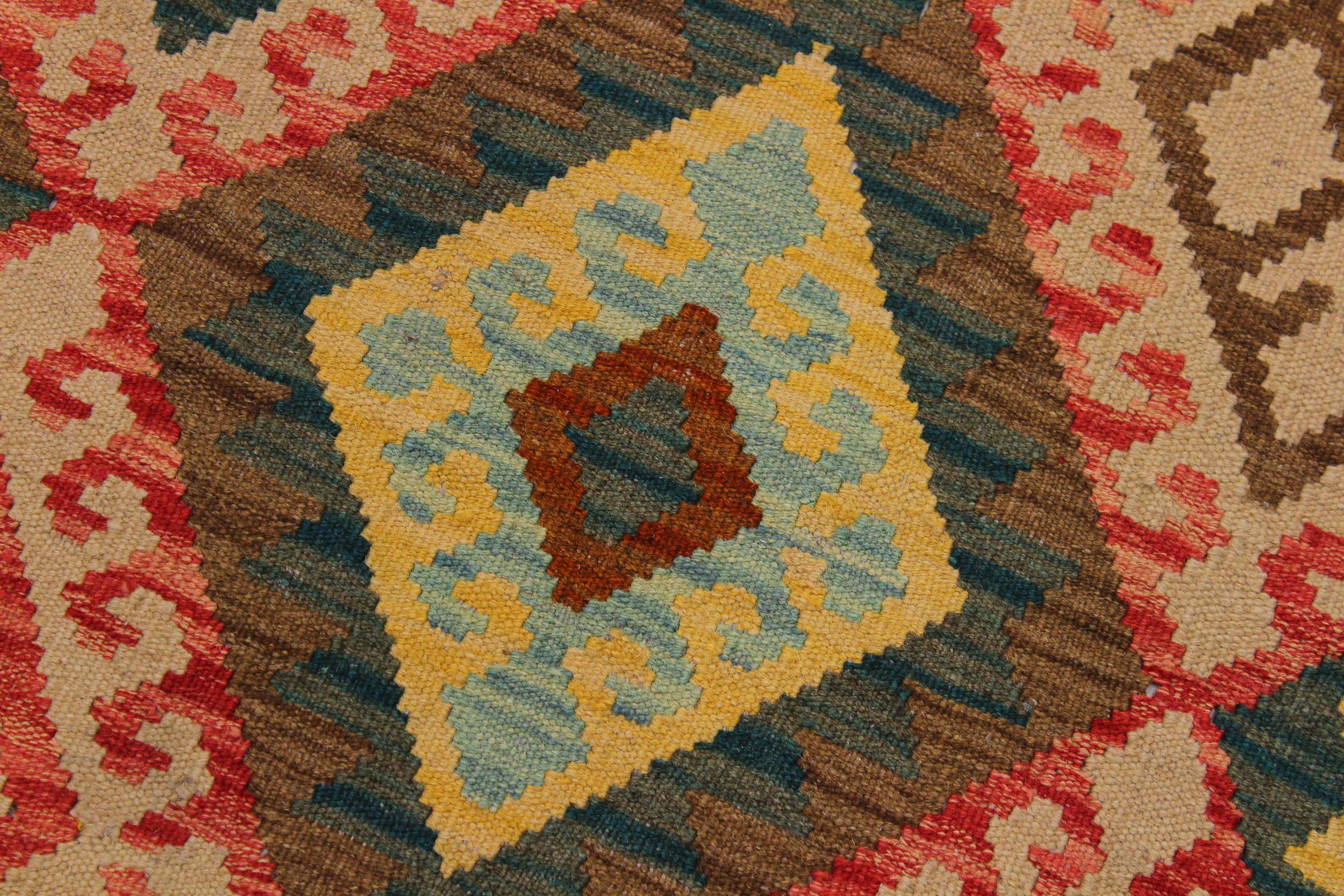 handmade Geometric Kilim Brown Red Hand-Woven RUNNER 100% WOOL area rug 4 x 8